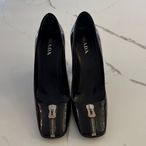 Prada Black Patent Leather Heels with Silver Zipper